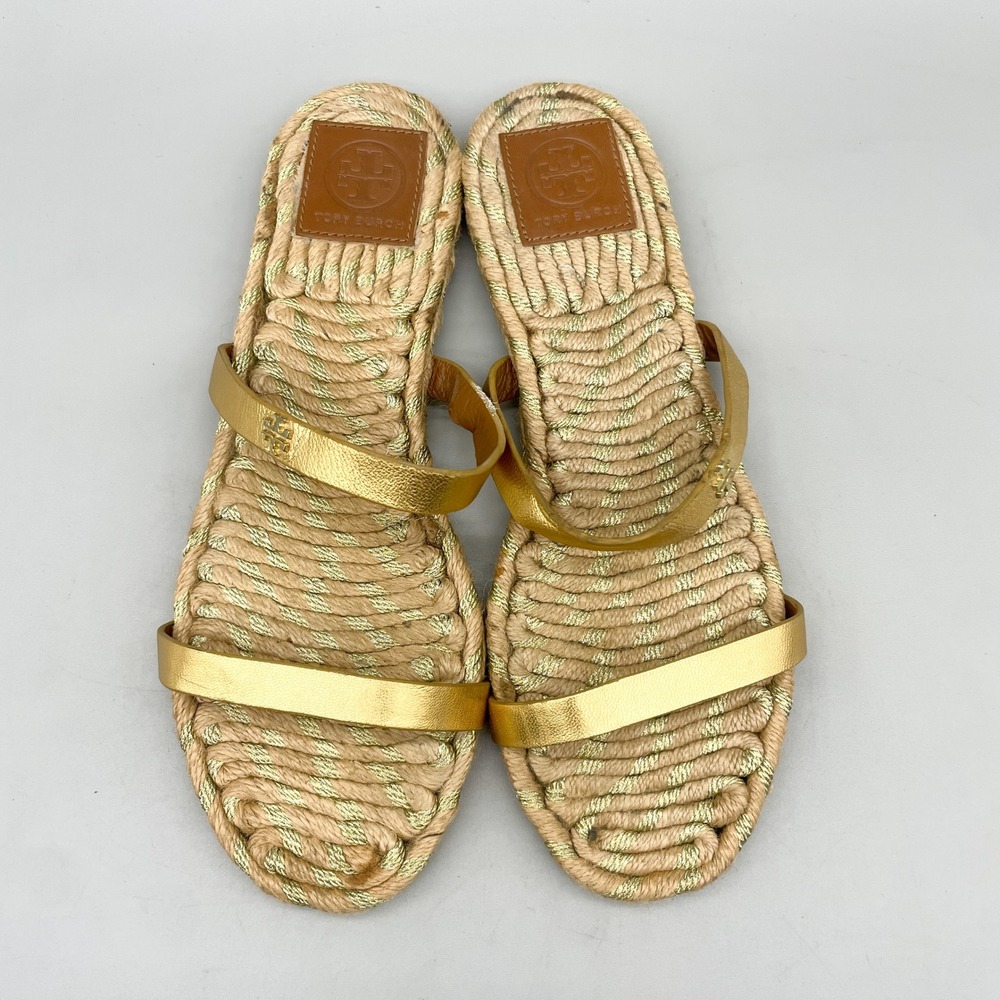 Tory Burch Womens 8M Espadrille Slide Sandals Metallic Gold Leather Stappy Boho